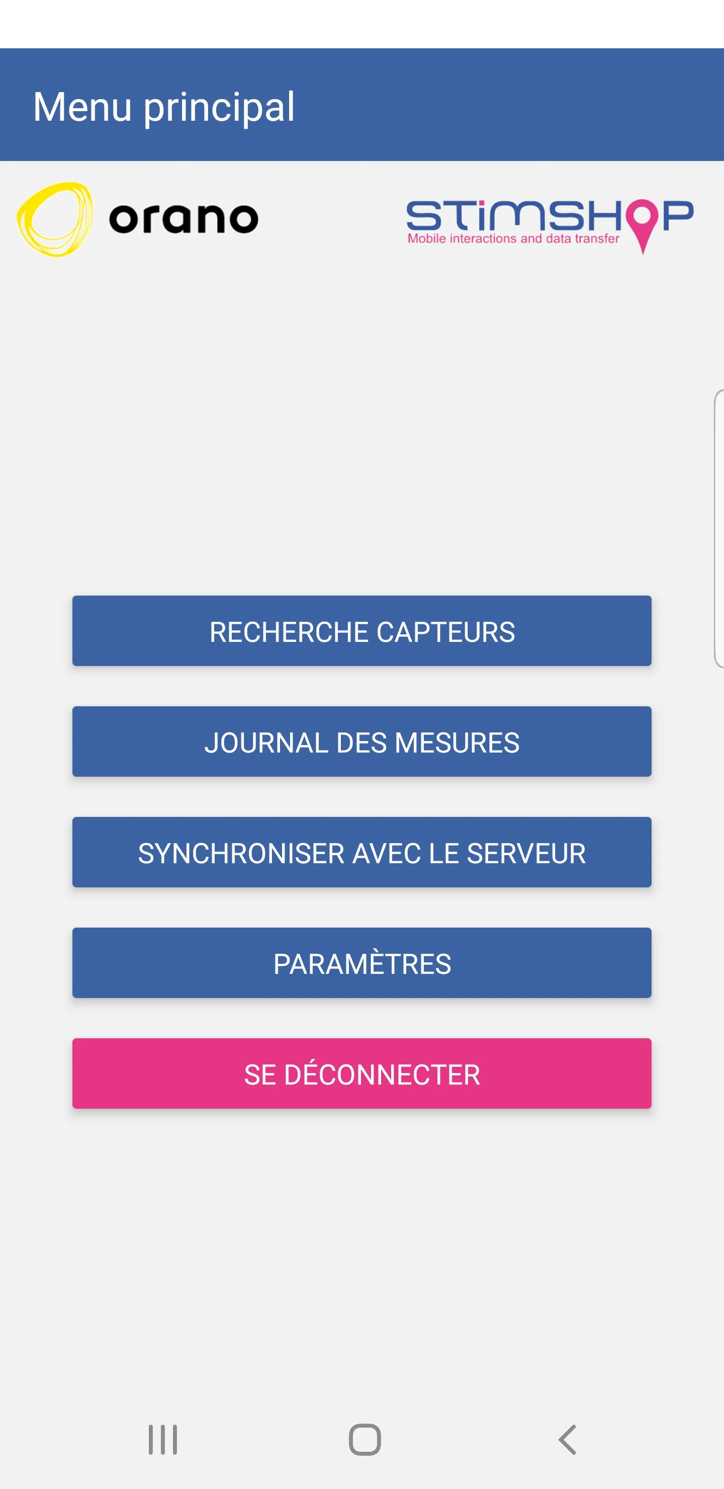 menu principal de l'application